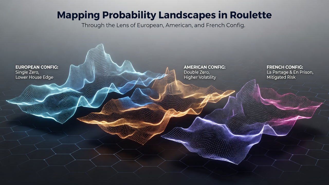 Detailed probability distribution chart comparing win rates and house edges for various roulette bets in European, American, and French wheels