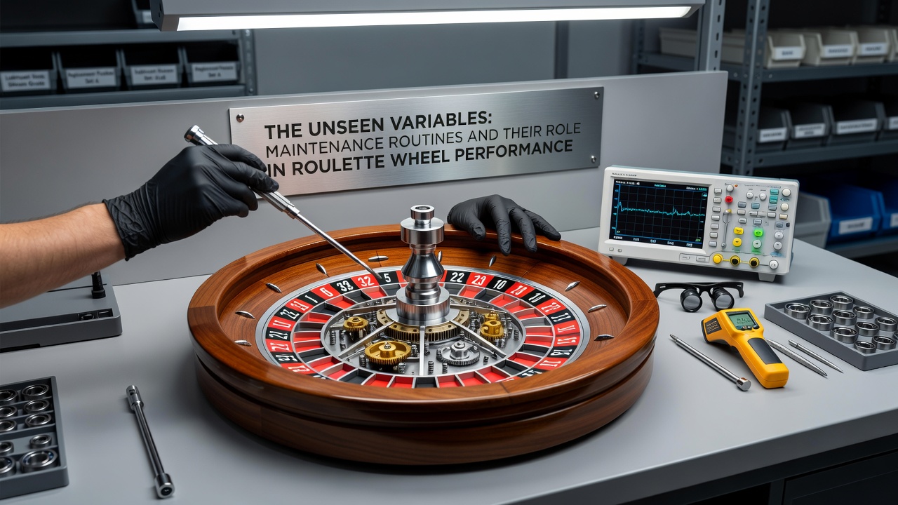 Close-up view of roulette wheel bearings and fret alignment during professional servicing